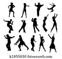 bailando, gente, siluetas