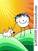 colorful kid with his dog illustration