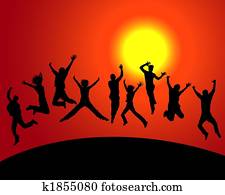 feliz, pessoas, pôr do sol