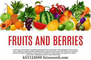 Fruit and berry banner with border of farm product Fruit and berry banner with border of farm product