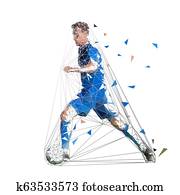 futbolista, en, azul, jersey, funcionamiento, con, pelota, extracto, bajo, poly, vector, drawing., jugador del fútbol, aislado, geométrico, colorido, ilustración, vista lateral