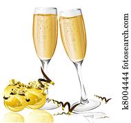 holiday background with New Year's balls and glasses of champagne holiday background with New Year's balls and glasses of champagne