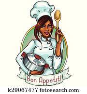 hübsch, küchenchef, mit, topf, und, spoon. hübsch, küchenchef, mit, topf, und, spoon.