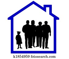 silhouette, av, ei, familie, inn, ei, hus