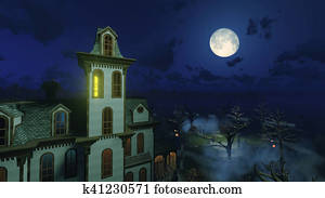 Big moon above scary mansion at night Big moon above scary mansion at night
