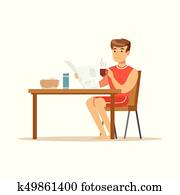 Happy smiling man character reading newspaper while having breakfast vector Illustration