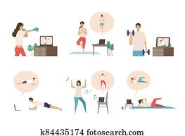 Online fitness concept. Work out via monitor, laptop, tablet. Vector illustration of a people relaxing in their home. Online fitness concept. Work out via monitor, laptop, tablet. Vector illustration of a people relaxing in their home.