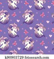 seamless, mönster, med, huvuden, av, enhörningar, purpur