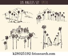 Set Los Angeles California Skyline Engraved Sketch Set Los Angeles California Skyline Engraved Sketch