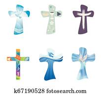 Set modern isolated vector Christian crosses. Religious signs. Cross collection with symbols of Christianity Set modern isolated vector Christian crosses. Religious signs. Cross collection with symbols of Christianity