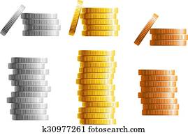 Stacks of gold, silver and bronze coins Stacks of gold, silver and bronze coins