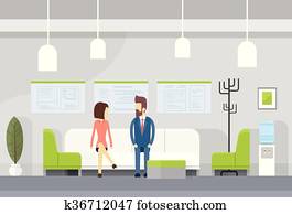 Business People On Sofa, Modern Office Waiting Room Interior Business People On Sofa, Modern Office Waiting Room Interior