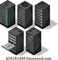 Hardware isometric equipment. 3d telecommunication server. Data center storage room objects. Computer database towers vector set Hardware isometric equipment. 3d telecommunication server. Data center storage room objects. Computer database towers vector set