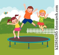 kindern, springende, auf, dass, trampolin