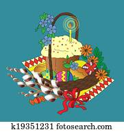 paasmandje, met, eitjes, en, pasen