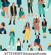 Vector seamless pattern with abstract women with different skin colors.