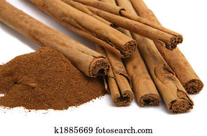 cinnamon powder and bark isolated on white
