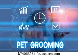 Conceptual hand writing showing Pet Grooming. Business photo text hygienic care and enhancing the appearance of the pets Woman wear work suit presenting presentation smart device. Conceptual hand writing showing Pet Grooming. Business photo text hygienic care and enhancing the appearance of the pets Woman wear work suit presenting presentation smart device.