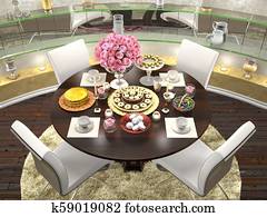 3d illustration of Serving a round dining table for four persons