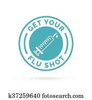 Get your flu shot vaccine sign with blue syringe icon. Get your flu shot vaccine sign with blue syringe icon.