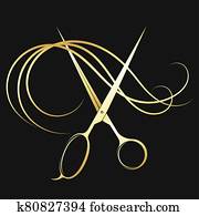 Gold scissors and curl hair symbol for stylist Gold scissors and curl hair symbol for stylist