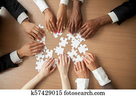 handen, van, anders, mensen, het verbinden, raadsel, gezamelijk, bovenzijde, closeup