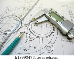 להנדס, כלים, ב, טכני, drawing., דיגיטלי, caliper,, שליט, ו, מכני, pencil.