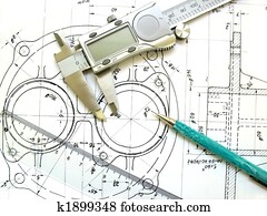 להנדס, כלים, ב, טכני, drawing., דיגיטלי, caliper,, שליט, ו, מכני, pencil.