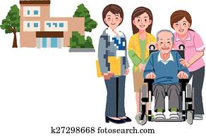 微笑, 高级人, 在中, 轮椅, 带, 他的, 女儿, caregivers