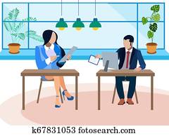 debat, geschil, in, de, kantoor., twee, tegenstanders, vragen, questions., in, minimalist, style., platte, isometric, vector