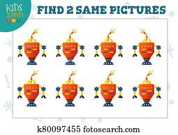 Find two same pictures kids puzzle vector illustration. Find two same pictures kids puzzle vector illustration.