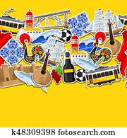 portugal, seamless, padrão, com, stickers., português, nacional, tradicional, símbolos, e, objetos portugal, seamless, padrão, com, stickers., português, nacional, tradicional, símbolos, e, objetos