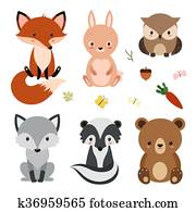 satz, von, niedlich, waldland, tiere, freigestellt, wei?, hintergrund. satz, von, niedlich, waldland, tiere, freigestellt, wei?, hintergrund.