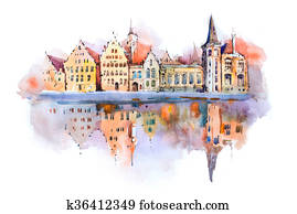 Bruges cityscape watercolor drawing, Belgium. Brugge canal aquarelle painting Bruges cityscape watercolor drawing, Belgium. Brugge canal aquarelle painting