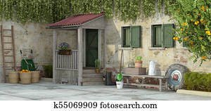 Old house with gardening tools - 3d rendering Old house with gardening tools - 3d rendering
