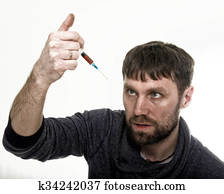 a, problema social, -, addiction., jovem, triste, homem, segurando, siringa, para, uso droga