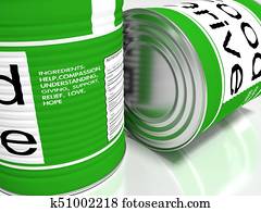 Closeup of two green food cans with the ingrediences of charity Closeup of two green food cans with the ingrediences of charity