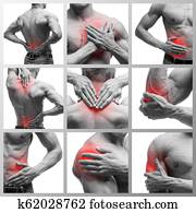 Pain in different man's body parts, chronic diseases of the male body, collage of several photos isolated on white background Pain in different man's body parts, chronic diseases of the male body, collage of several photos isolated on white background