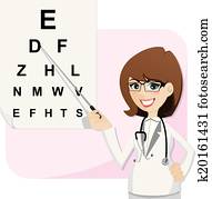ציור היתולי, אישה, רופא עיניים, עם, שרטט, לבחון, ראיה