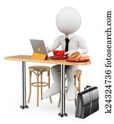 3D white people. Businessman breakfast with his tablet 3D white people. Businessman breakfast with his tablet