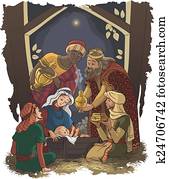 drei, kings., weise männer, in, krippe