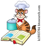 ציור היתולי, חתול, טבח, עם, מתכון, הזמן