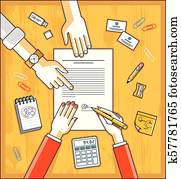 Business woman signs contract paper document or bank customer write a sign on financial form of money credit and employee helps her and explains the terms of loan, top view of people hands. Vector.