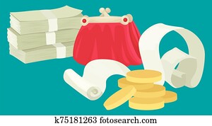 finanz, illustration., geldbörse, mit, geld, gold prägt, und, a, check., vektor, gegenstände