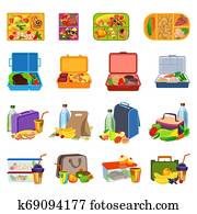 Lunchbox icons set, cartoon style Lunchbox icons set, cartoon style