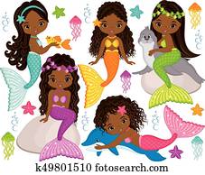 Vector Cute Little Mermaids with Marine Animals. Vector African American Mermaids Vector Cute Little Mermaids with Marine Animals. Vector African American Mermaids