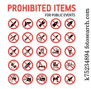 verbotsschilder, sammlung, sicherheit, steuerung, in, stadion, w?hrend, masse, events. verbotsschilder, sammlung, sicherheit, steuerung, in, stadion, w?hrend, masse, events.