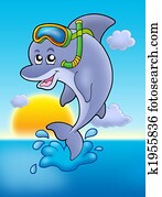 Dolphin snorkel diver with sunset Dolphin snorkel diver with sunset