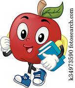 mascotte, étudiant, pomme, porter, sacs, et, lecture, livres