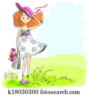 menina, em, um, chapéu, com, bolsa, e, flores